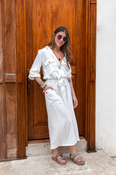Vestido paloma manga larga con botones y cinturón  - Blanco Hueso